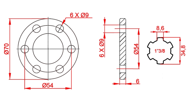 KARDAN ADAPTER MET FLENS 6 GATEN 1-3/8 (90 mm)