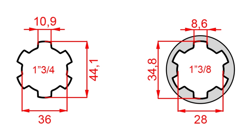 KARDAN ADAPTER MET PEN VAN 1-3/8 NAAR 1-3/4 (165 mm)