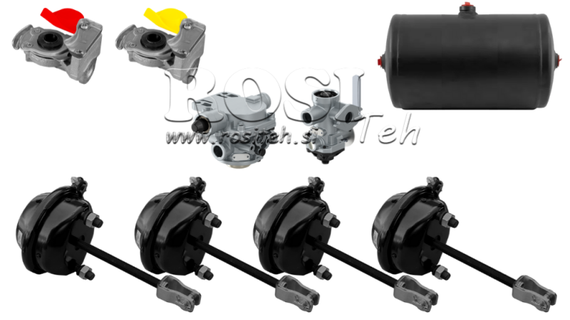 CONJUNTO DE FREIOS A AR PARA REBOQUE SISTEMA COMPLETO DE CIRCUITO DUPLO 4 CILINDROS