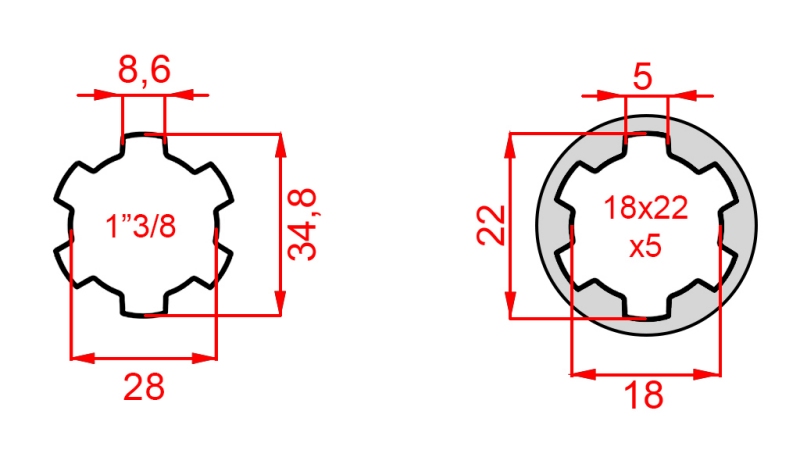 KARDĀNA ADAPTERIS NO 18x22x5 (6 RIEVAS) UZ 1-3/8 (120 mm)