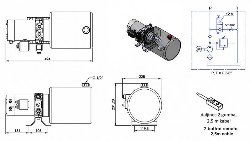 MINI HÜDRAULILINE JÕUÜKSUS 12V DC - 1.6kW = 2.1cc - 8 liitrit - ühefaasiline seade (metall)