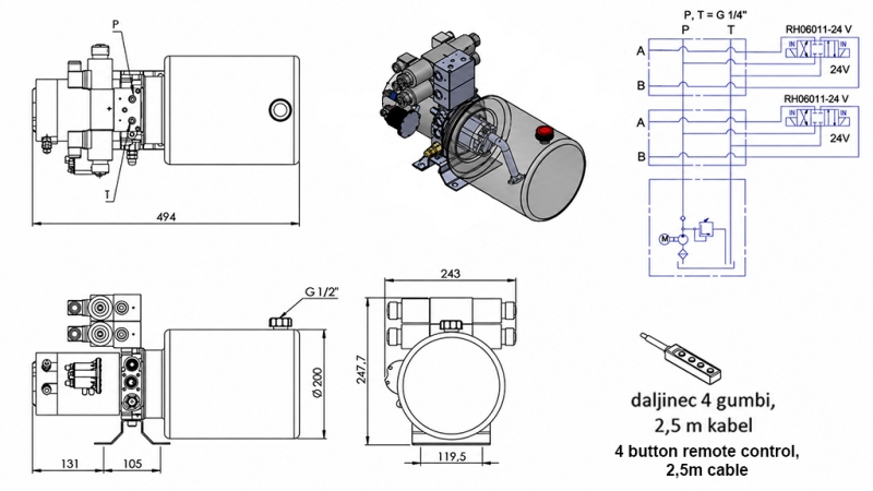 MINI HÜDRAULILINE JÕUÜKSUS 24V DC - 2.2kW = 2.1cc - 8 lit - 2x kahekordne toimiv seade (metall)