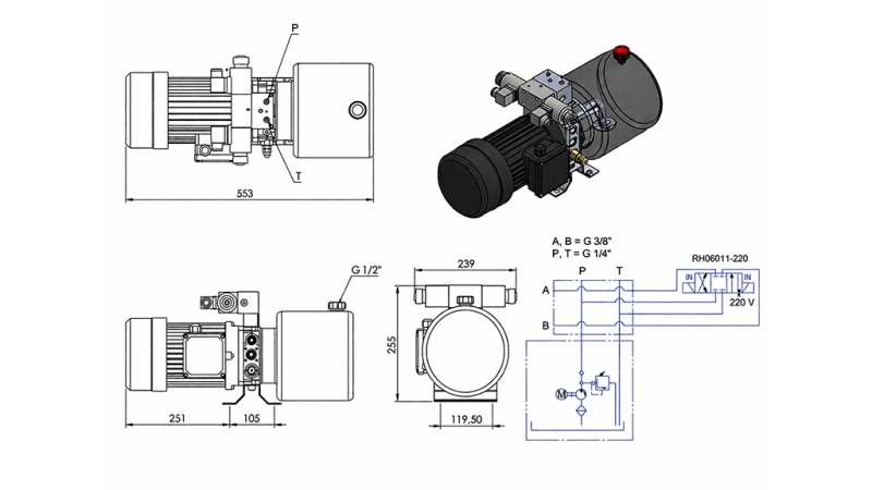 MINI HYDRAULIKAGGREGAT 380V AC (1,5 kW) - 5,8 cc - 8,2 lit/min - Tank 6 lit