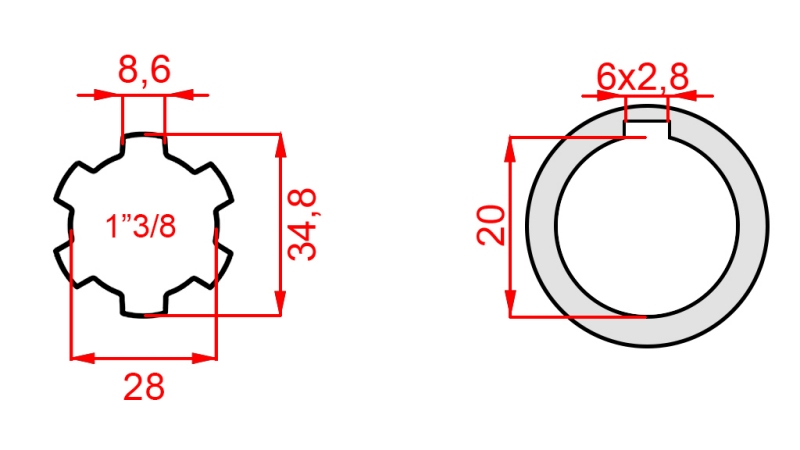 PTO ADAPTER 1-3/8 - HOLE fi 20 mm (145 mm)