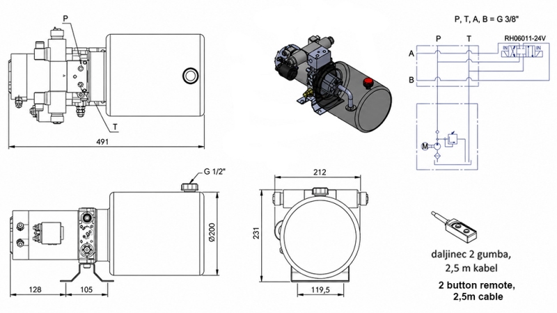 MINI HÜDRAULILINE JÕUÜKSUS 24V DC - 2.2kW = 2.1cc - 8 lit - kahe suunaga seade (metall)