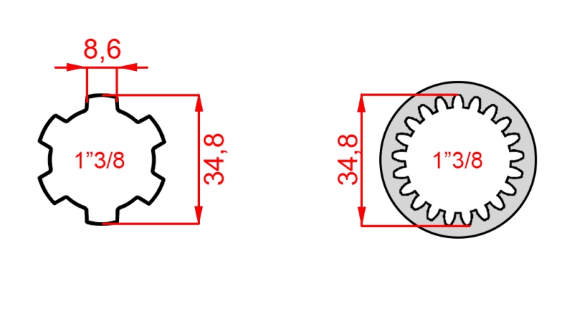 KARDAN ADAPTER VAN 1-3/8 (21 SPLINES) NAAR 1-3/8 (150 mm)