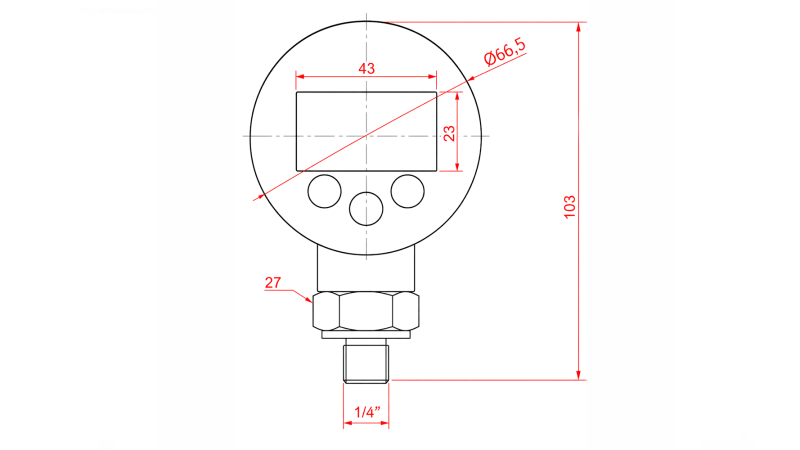 DIGITĀLAIS MANOMETRS DN63 VERTIKĀLS 0 - 600 BAR - 1/4