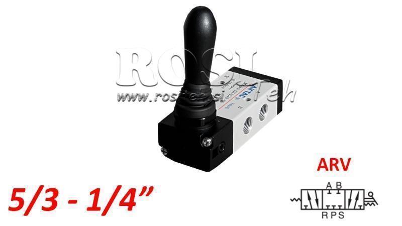 PNEUMATICKÝ RUKOJMOVÝ VENTIL 5/3 1/4 PRT-0852-ARV NÁVRAT S PRUŽINOU