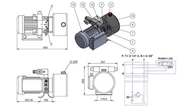 MINI HIDRAULISKAIS AGREGĀTS 230V AC (0.75 kW) - 3.7 cc - 5.2 lit/min - tvertne 4 lit