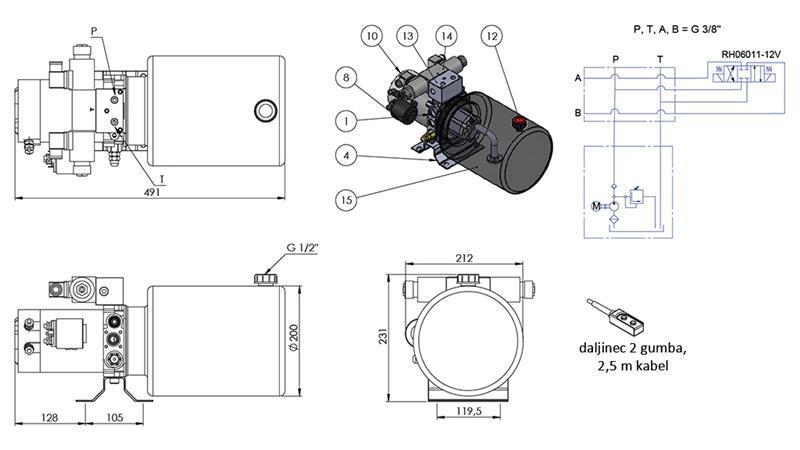 AGREGADO HIDRÁULICO MINI 12V DC - 1.6kW = 2.1cc - 8 lit - montagem de direção dupla (metal)