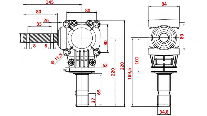 CAIXA DE CÂMBIO ANGULAR L-150J 1:1 (12HP-9KW)