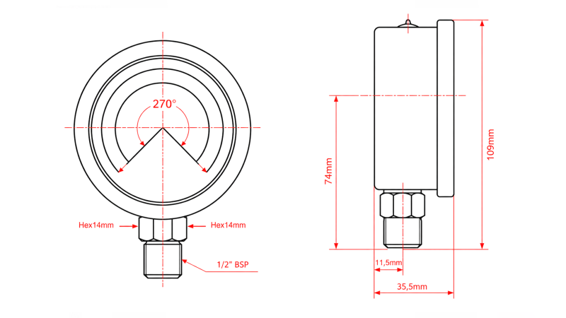 MANOMETRS DN100 VERTIKĀLS 0 - 400 BAR - 1/2