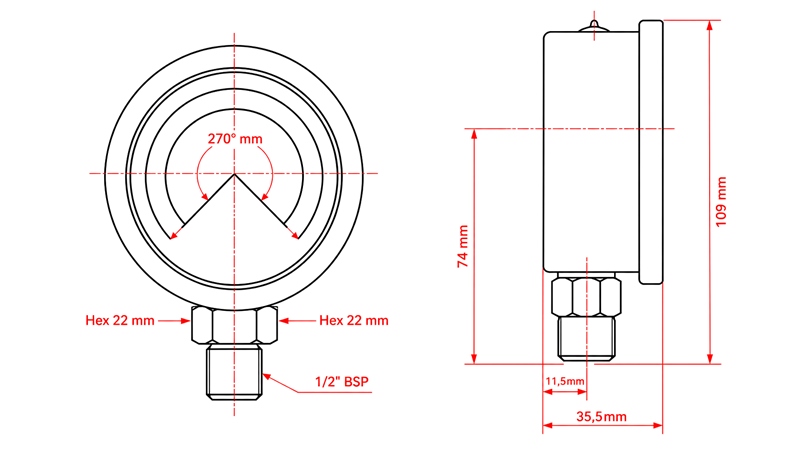 MANOMETRS DN100 VERTIKĀLS 0 - 250 BAR - 1/2
