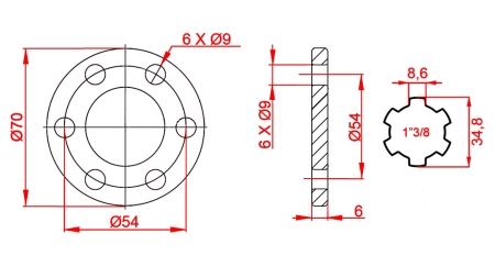 KARDAN ADAPTER MET FLENS 6 GATEN 1-3/8 (90 mm)