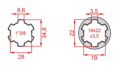 PTO ADAPTER FROM 19x22x3,5 (10 SPLINES) TO 1-3/8 (120 mm)