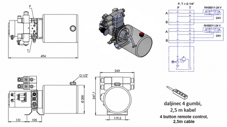 MINI HÜDRAULILINE JÕUÜKSUS 24V DC - 2.2kW = 2.1cc - 8 lit - 2x kahekordne toimiv seade (metall)