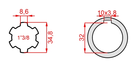 ADAPTADOR CARDÁN 1-3/8 - ORIFICIO fi 32 mm (150 mm)