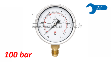 MANOMETRS DN100 VERTIKĀLS 0 - 100 BAR - 1/2