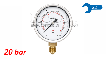 MANOMETRS DN100 VERTIKĀLS 0 - 20 BAR - 1/2