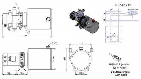 MINI HÜDRAULILINE JÕUÜKSUS 24V DC - 2.2kW = 2.1cc - 8 lit - kahe suunaga seade (metall)