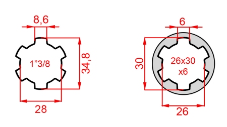 KARDĀNA ADAPTERIS NO 26x30x6 (6 RIEVAS) UZ 1-3/8 (140 mm)