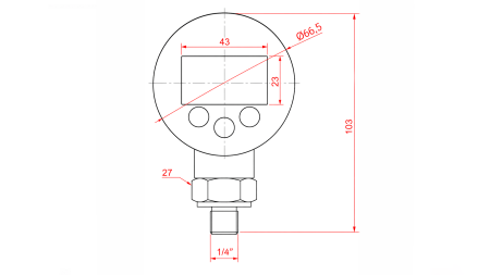 DIGITĀLAIS MANOMETRS DN63 VERTIKĀLS 0 - 600 BAR - 1/4