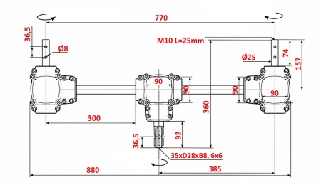 WINKELGETRIEBE 1:1,35 (22HP-16kW) FÜR MISTSTREUER L:770 - ALU