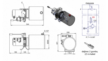 UNITÀ DI POTENZA IDRAULICA MINI 12V DC - 1.6KW = 2.1CC - 8 LITRI - UNITÀ MONOFASE CON POMPA MANUALE
