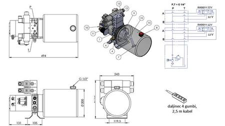 AGREGADO HIDRÁULICO MINI 12V DC - 1.6kW = 2.1cc - 8 lit - montagem bidirecional 2x (metal)