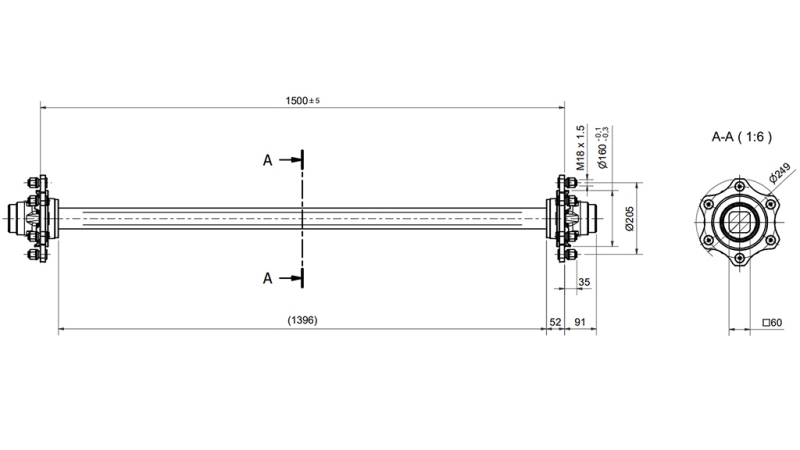 ASSE DEL RIMORCHIO 4800 kg SENZA FRENI (1500 mm)