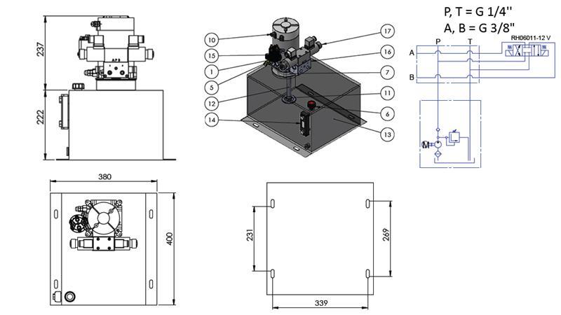 MINI HIDRAULISKAIS AGREGĀTS 12V DC - 1.6kW = 2.1cc - 25 lit - divvirzienu montāža (metāls)