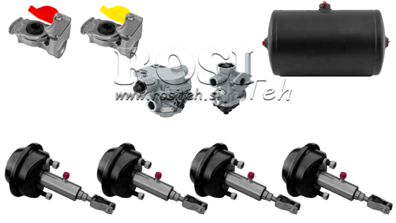 SETT MED LUFT-HYDRAULISKE BREMSE FOR HENGER KOMPLETT DUAL KRETS SYSTEM 4 SYLINDRE