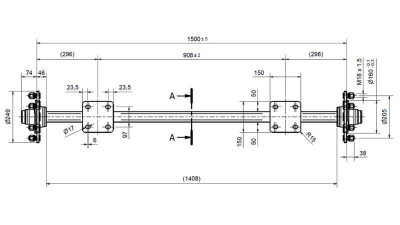 AKSEL FOR HENGER 1800 kg UTEN BREMSE (1460 mm) med monteringsplate