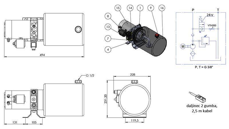 MINI HYDRAULISK AGGREGAT 24V DC - 2.2kW = 2.1cc - 8 lit - enkel retning montering (metall)