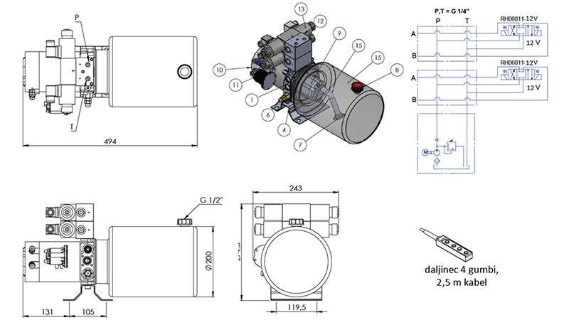 MINI HYDRAULICKÝ AGREGÁT 12V DC - 1.6kW = 2.1cc - 8 lit - 2x obojsmerná zostava (kov)