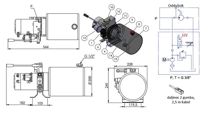 MINI HYDRAULICKÝ AGREGÁT 12V DC - 1.6kW = 2.1cc - 8 lit - jednosměrná montáž S RUČNÍ PUMPOU