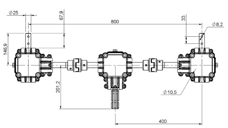 REDUKTORU KOMPLEKTS 1:1.44 (27HP-20KW) IZPLATĪTĀJAM L:800 ČUGUNA AR DROŠĪBAS SISTĒMU
