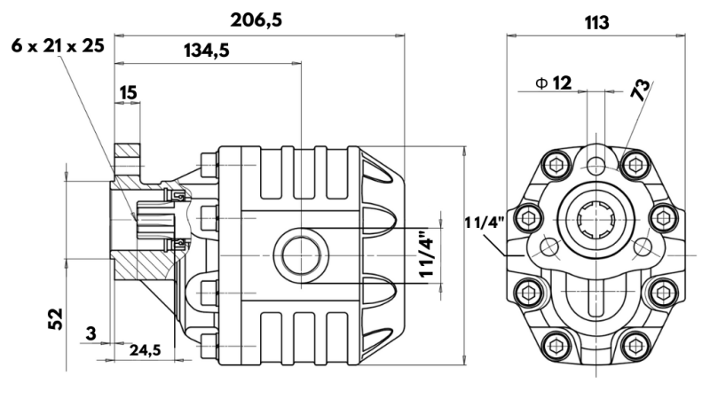 HIDRAULISKĀ ČUGUNA SŪKNE UNI40-109CC-190 BAR PA Kreiso