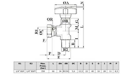 HYDRAULISK VENTIL FOR MANOMETER 90° - dimensjoner