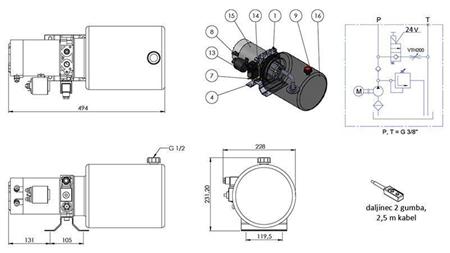 MINI HYDRAULISK AGGREGAT 24V DC - 2.2kW = 2.1cc - 8 lit - enkel retning montering (metall)
