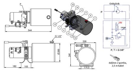 MINI HYDRAULICKÝ AGREGÁT 24V DC - 2.2kW = 2.1cc - 8 lit - jednosmerná zostava S RUKOVÄŤOVOU PUMPOU