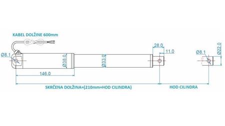 ELEKTRISKAIS CILINDRS 12V 150kg-5mm/sec STROKE 400mm - izmēri