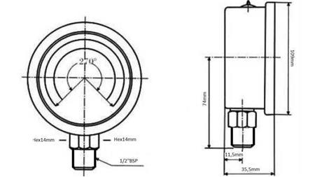 MANOMETRS DN100 VERTIKĀLI 0 - 10 BAR - 1/2-dimensijas