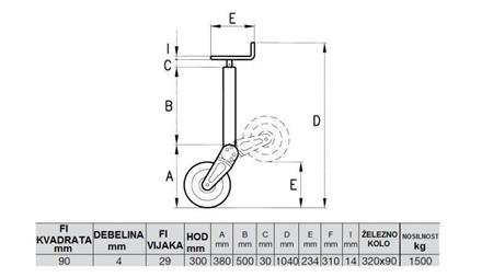 VĒRTĪBA ATBALSTA KĀJA 300mm - 1500KG AR ATBALSTA RITEŅIEM