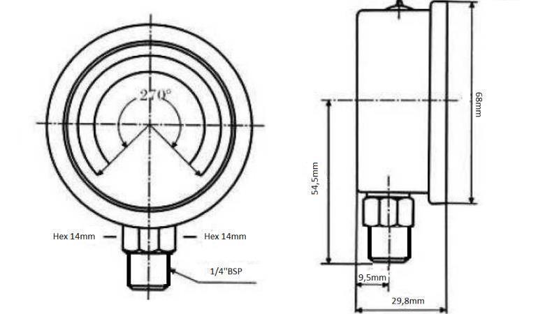Manometrs DN63 vertikāls 0 - 4 BAR - 1/4-dimension